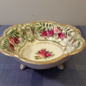 Vintage Hand Painted Floral Gold Purple Footed Scalloped Edge Candy Dish